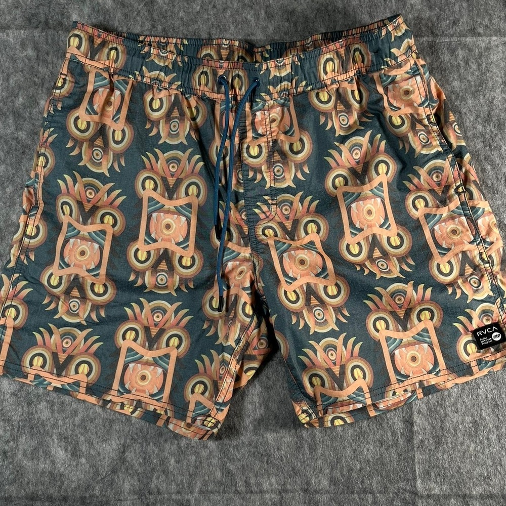 RVCA Mens L Shorts Orange Gray Print 6" inseam